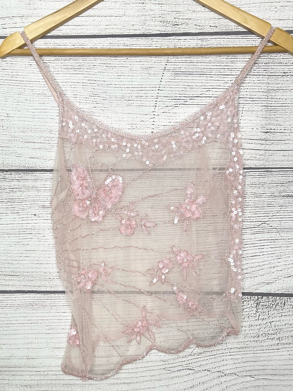 Y2K Sheer Pink Beaded Embroidered Asymmetrical Butterfly Camisole Top Size Small - Picture 3 of 10